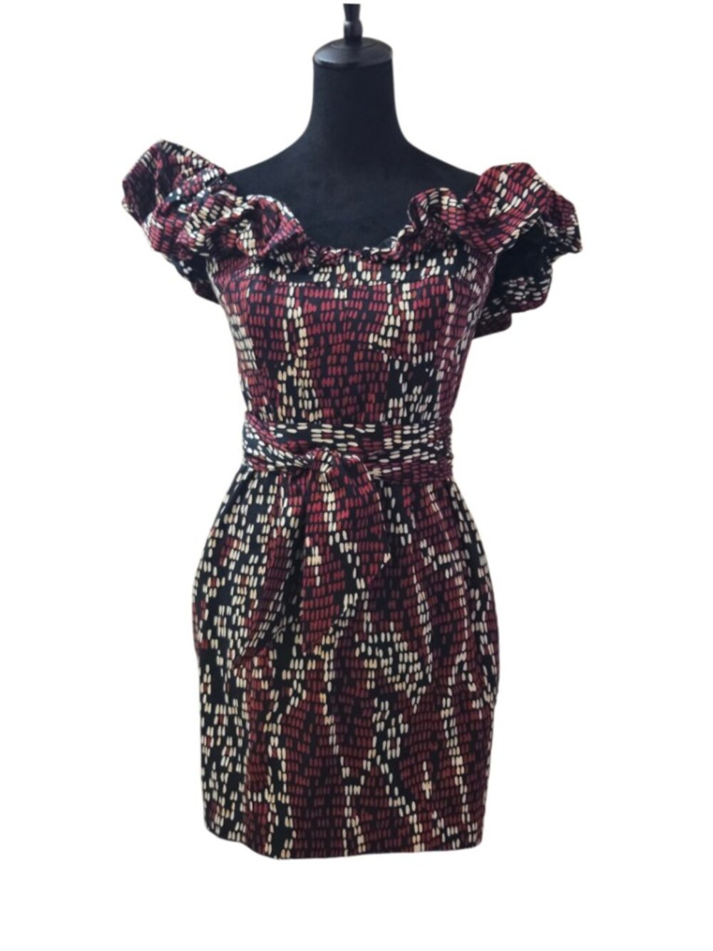 Poplin Flattering Ruffled Shoulder Printed Sheath Dress -Size 6